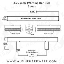 ALPINE HARDWARE Solid Stainless Steel Euro Bar Cabinet & Pantry Handle Pull (1/2-inch Diameter) |  3" (76mm), 3.75"(96mm), & 5"(127mm) 7.50", 12.63", 18.88", 26.50"   Hole Center | Fine-Brushed Satin Gold/Brass Finish